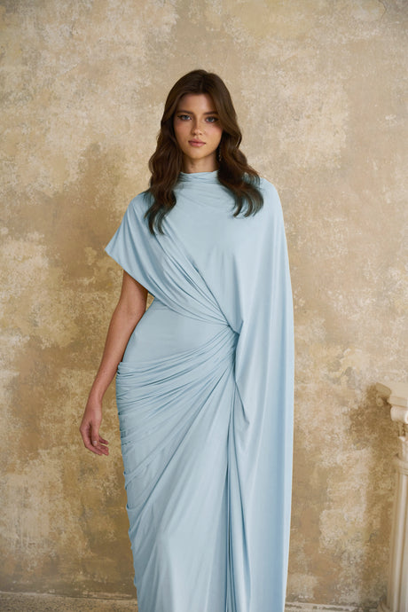 Aurohaya Fenella Blue Asymmetrical Draped Cape & Dress Matching Set