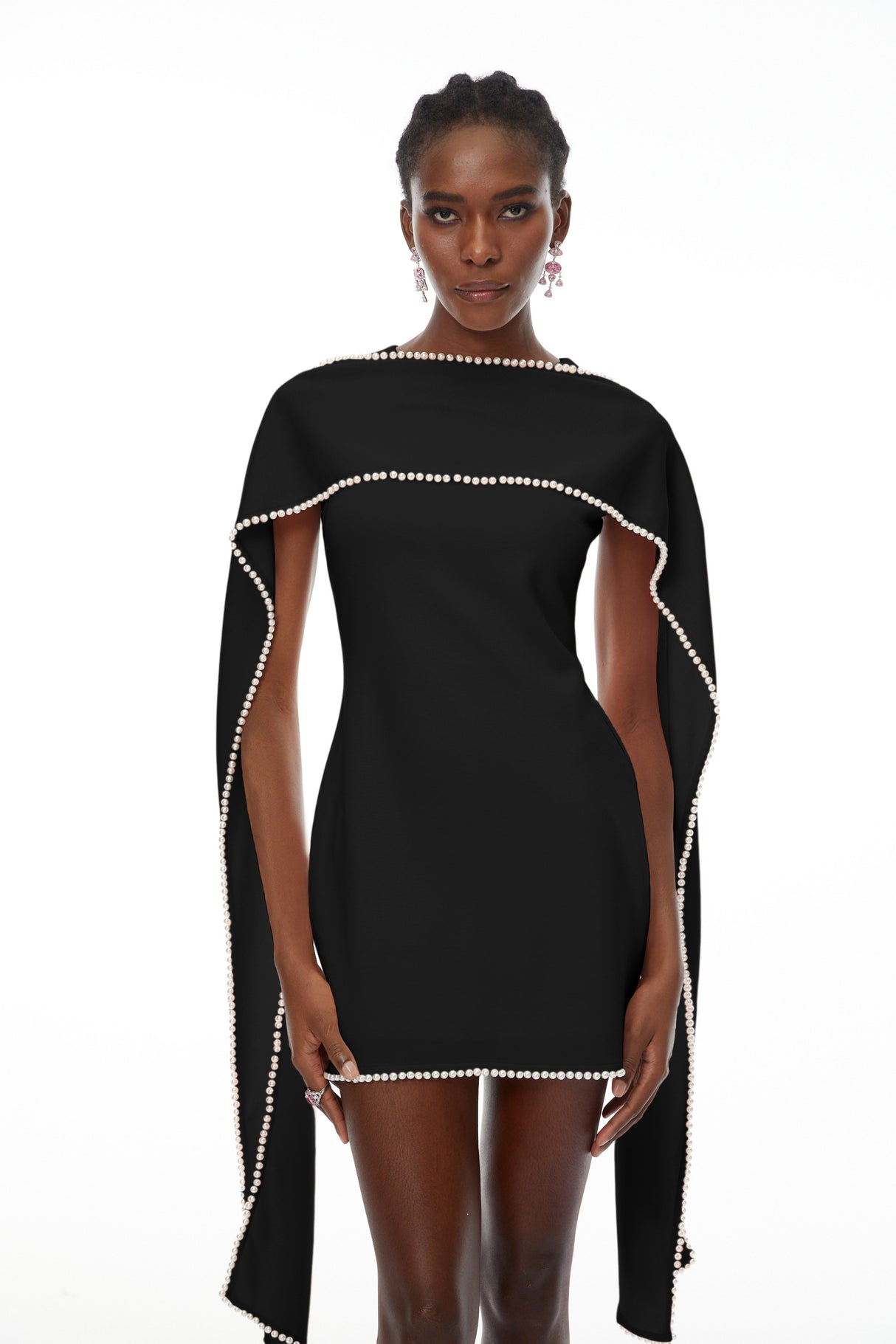 Aurohaya Piroska Black Sleeveless Pearl Trim Mini Dress