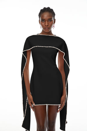 Aurohaya Piroska Black Sleeveless Pearl Trim Mini Dress