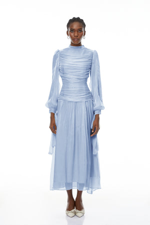 Aurohaya Katrín Blue Glossy Gathered Maxi Dress