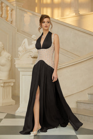 Aurohaya Gwenaëlle Black Rhinestone Panel Maxi Dress