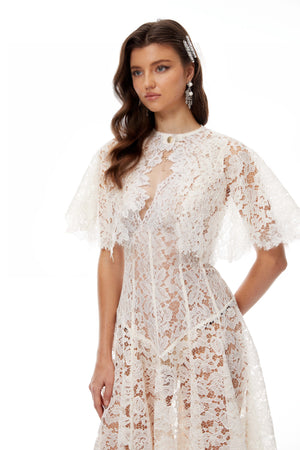 Aurohaya Alaia White Cape Design Floral Lace Midi Dress
