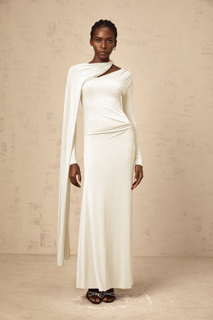Aurohaya Josette White Diagonal Shawl Fitted Maxi Dress