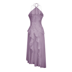 Aurohaya Doux Purple Ruffled Trim Pleated Midi Dress
