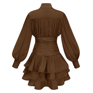 Aurohaya Emersyn Brown High-Neck Ruffled Detail Mini Dress