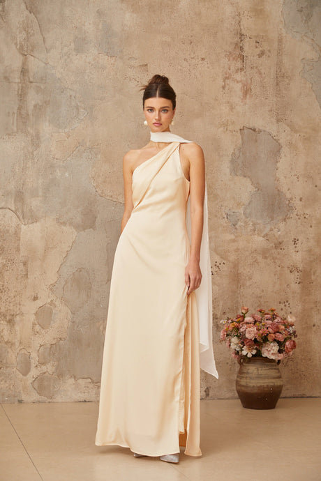 Aurohaya Thérèse neutral scarf-design satin maxi dress