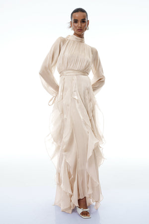 Aurohaya Zélie Neutral Glossy Pleated Ruffled Maxi dress