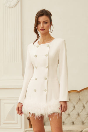 Aurohaya Freja White Feather Trim Mini Blazer Dress