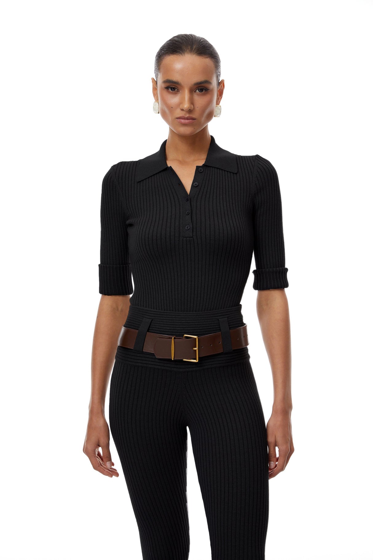 Aurohaya Claire Black Ribbed Knit Bodysuit & Trousers Set