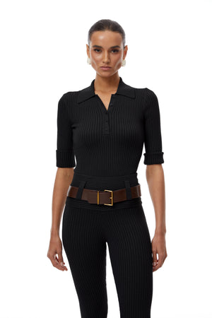 Aurohaya Claire Black Ribbed Knit Bodysuit & Trousers Set