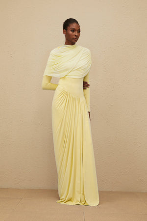 Aurohaya Catherine Yellow Asymmetrical Pleated Long-Sleeve Maxi Dress