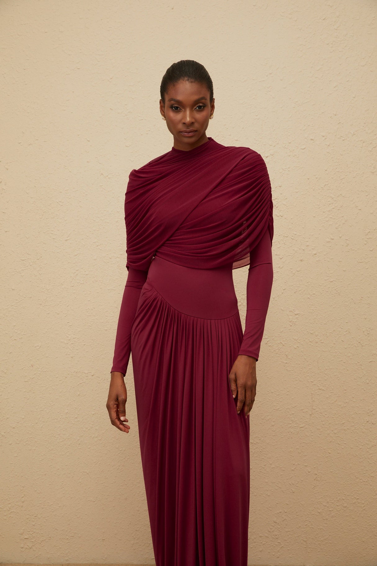 Aurohaya Catherine Red Asymmetrical Pleated Long-Sleeve Maxi Dress