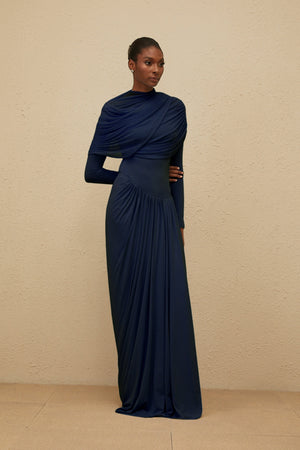 Aurohaya Catherine Navy-Blue Asymmetrical Pleated Long-Sleeve Maxi Dress
