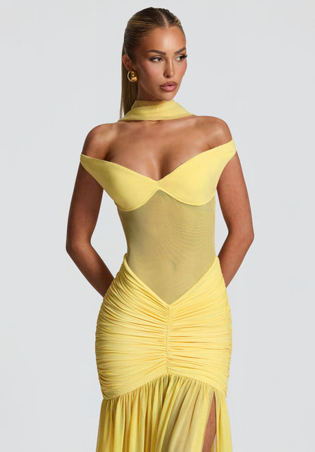 Aurohaya Geneviève Yellow Off Shoulder Ruched Maxi Dress