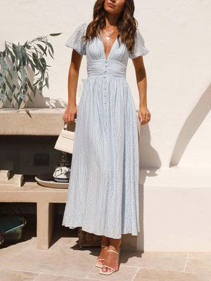 Aurohaya Puff Sleeve V-Neck Long Oversized Hem Dress