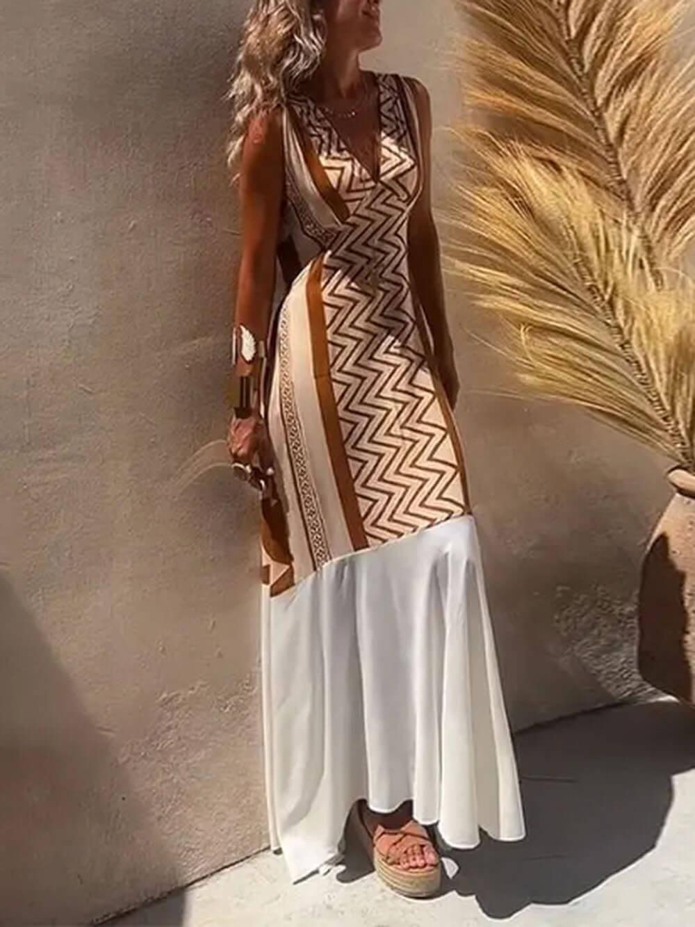 Aurohaya Ethnic Print Patchwork A-line Maxi Dress Coffee