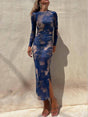 Aurohaya Charm Lady Mesh Overlay Tie Dye Print Long Sleeve Ruched Stretch Midi Dress Blue