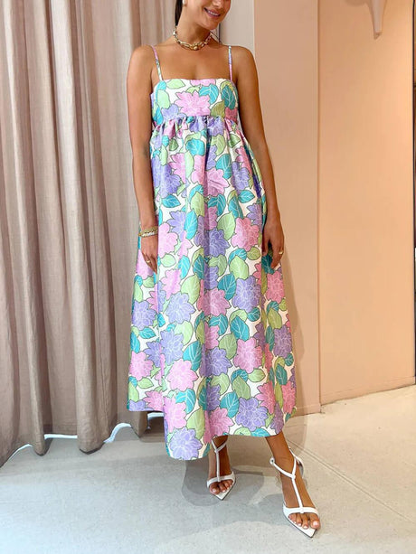 Aurohaya Beautiful Temperament Printed Strapless Backless Swing Dress Purple