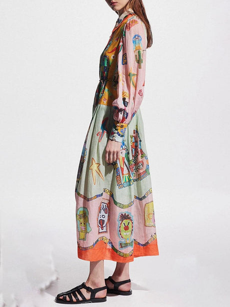Aurohaya Unique Print Colorblock Balloon Sleeve Belt Shirt Midi Dress