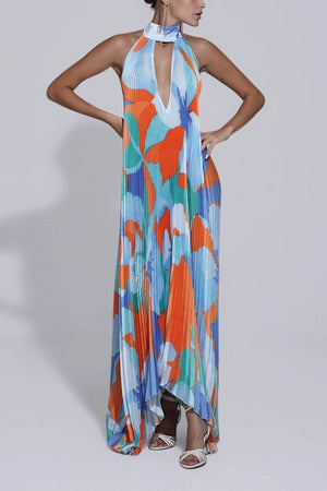 Aurohaya Stylish Pleated Halterneck Strappy Backless Midi Dress