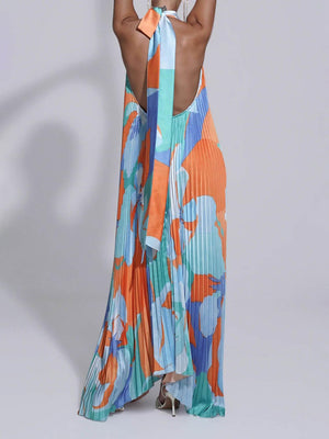 Aurohaya Stylish Pleated Halterneck Strappy Backless Midi Dress
