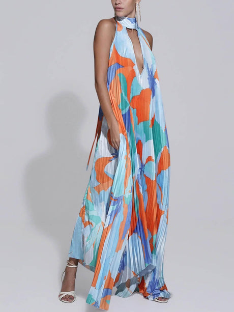 Aurohaya Stylish Pleated Halterneck Strappy Backless Midi Dress