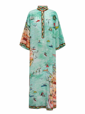 Aurohaya Modern Satin Art Island Print Slit Maxi Dress