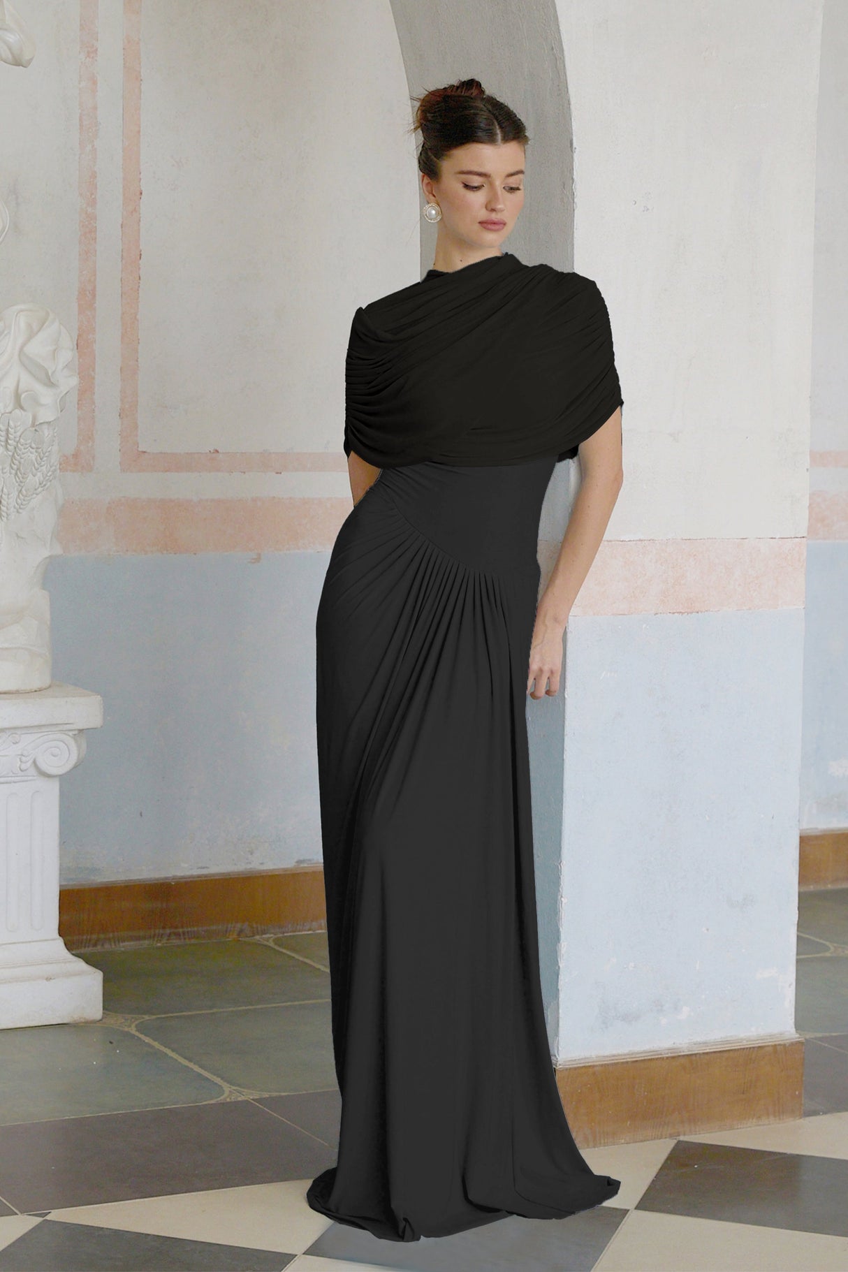Aurohaya Catherine Black Asymmetrical Pleated Maxi Dress