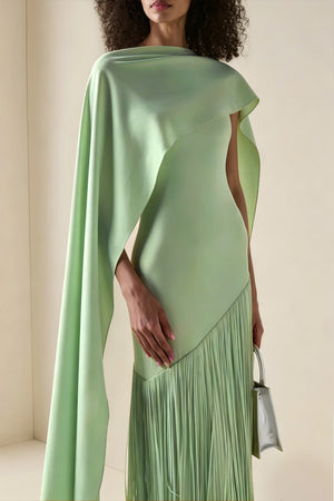 Aurohaya Cayetana Emerald Green Fringe Maxi Dress with Cape Effect