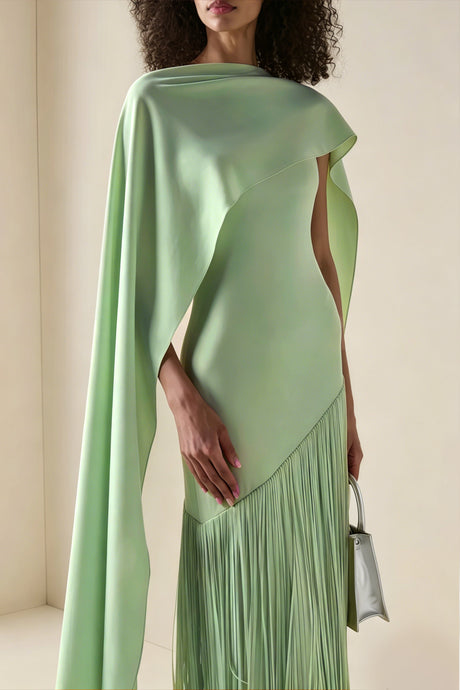 Aurohaya Cayetana Emerald Green Fringe Maxi Dress with Cape Effect