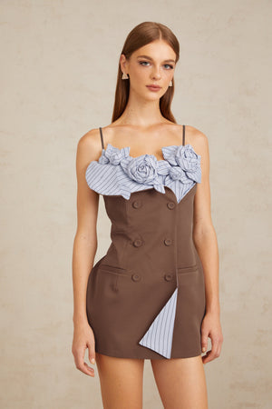 Aurohaya Johanna Brown Floral Panelled Mini Dress