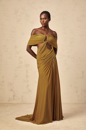 Aurohaya Ludivine ocher off-shoulder cut-out ruched maxi dress