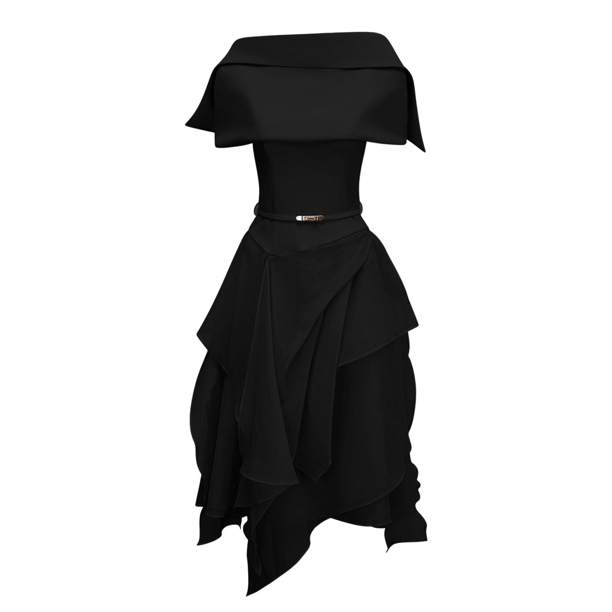 Aurohaya Aria Black Asymmetrical Shawl & Tulle Panel Dress Set