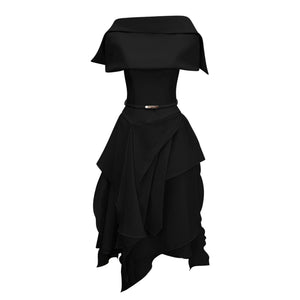 Aurohaya Aria Black Asymmetrical Shawl & Tulle Panel Dress Set