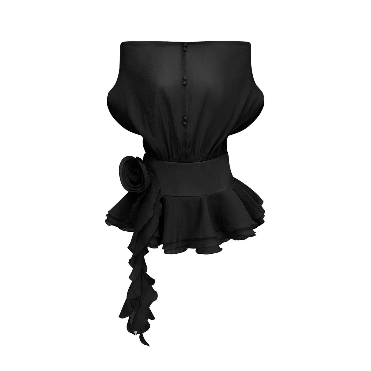 Aurohaya Amélie Black Floral Appliqué Flounced Mini Dress
