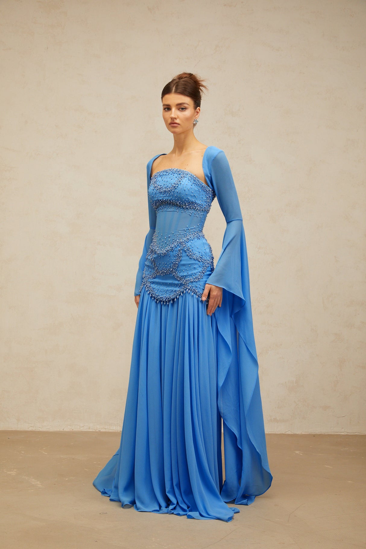 Aurohaya Gaëlle Blue Faux-pearl-embellished Pleated Maxi Dress