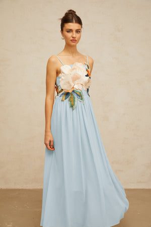 Aurohaya Josette floral-embroidered shirred maxi dress in Blue