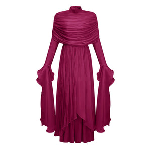 Aurohaya Gustave Burgundy Ruched Cape Ruffled Maxi Dress
