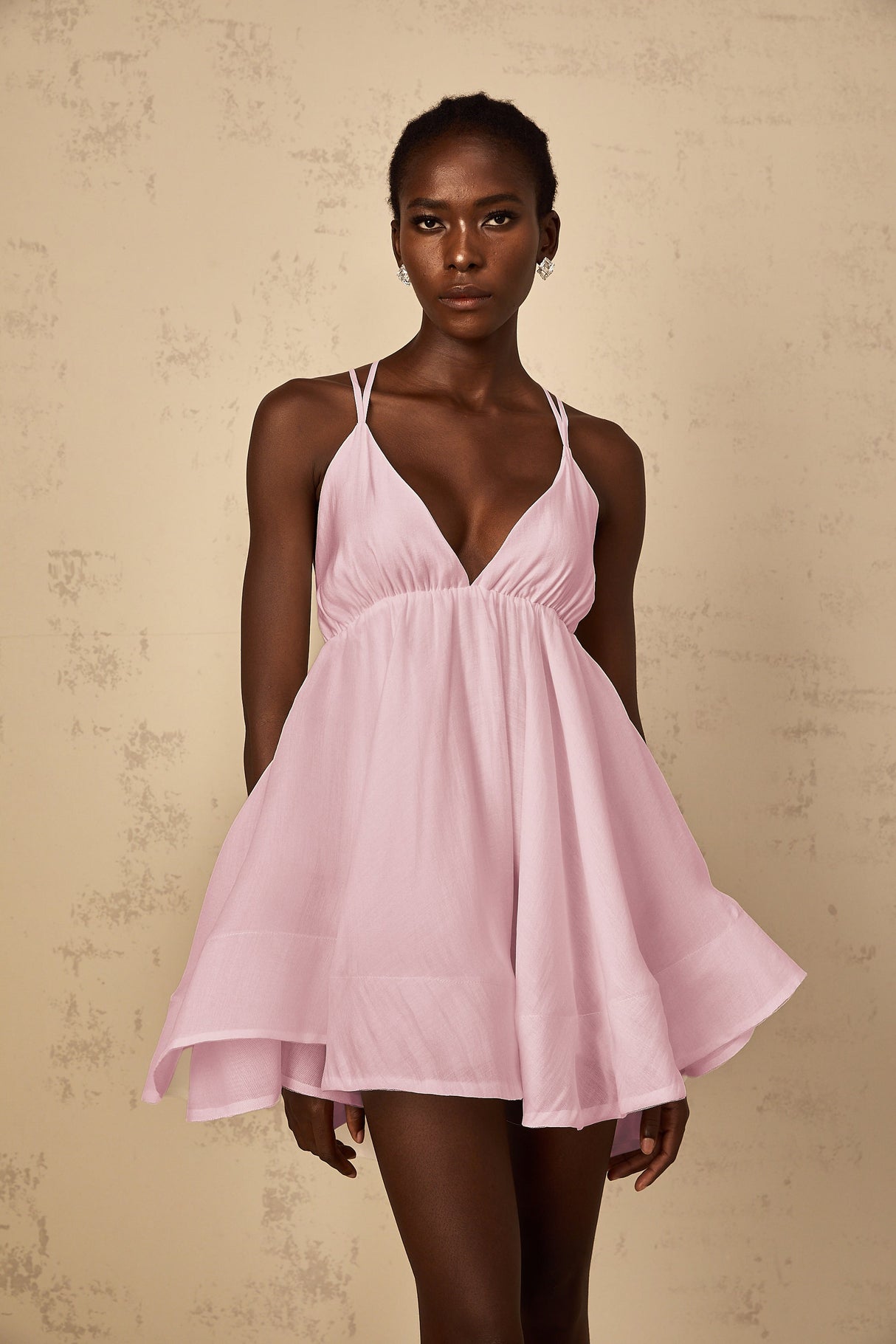 Aurohaya Quincie Pink Shirred Flounced Mini Dress