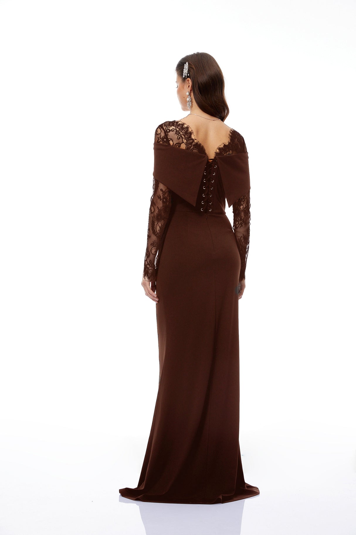 Aurohaya Georgiana Brown Lace Panel Flared Maxi Gown