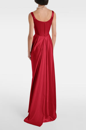 Aurohaya Fiona Red Satin Square Neck Maxi Dress