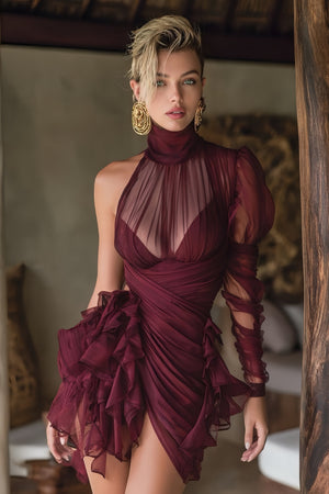 Aurohaya Éléna Burgundy Asymmetrical Ruffled Tulle Mini Dress