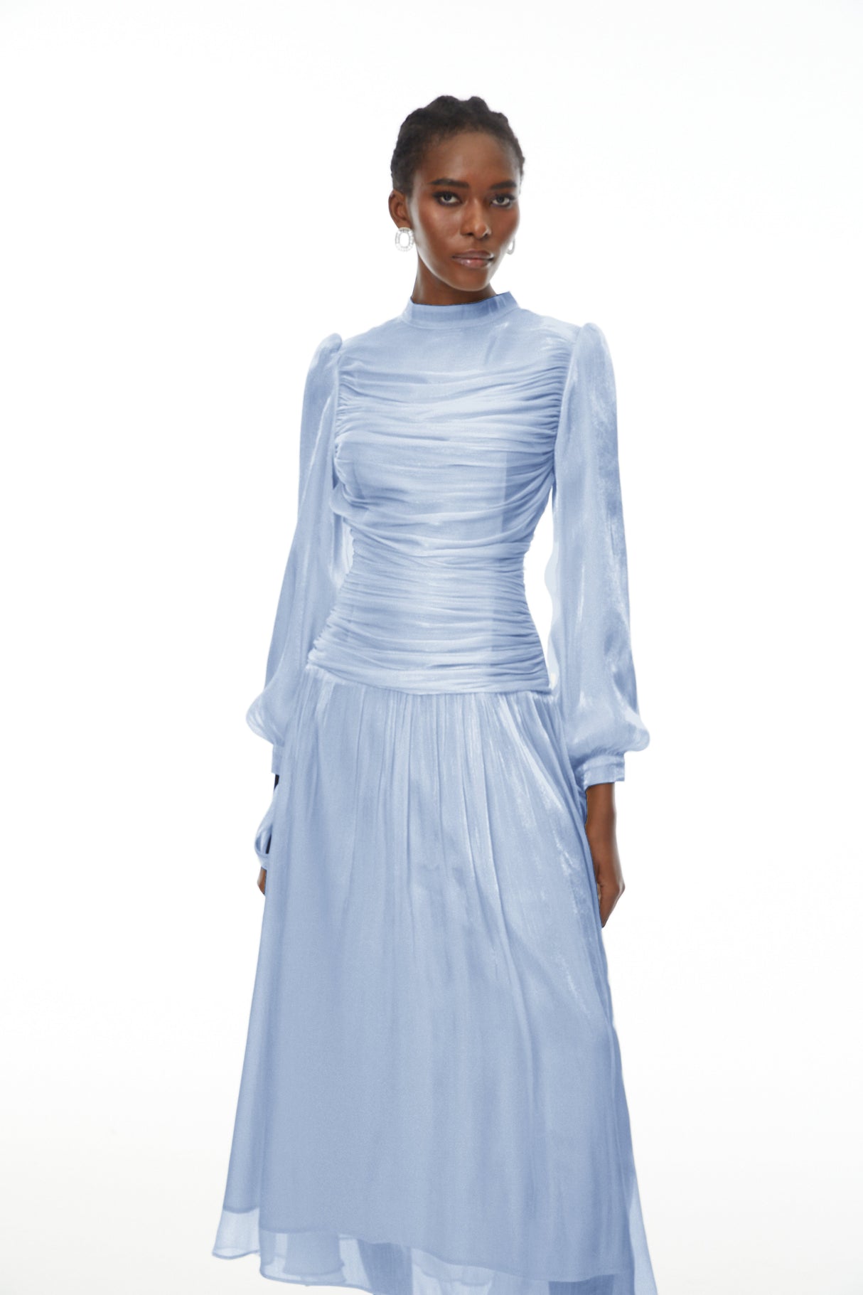 Aurohaya Katrín Blue Glossy Gathered Maxi Dress