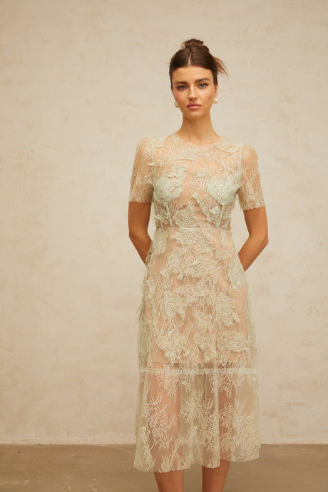Aurohaya Xaviera mint-green floral-lace midi dress