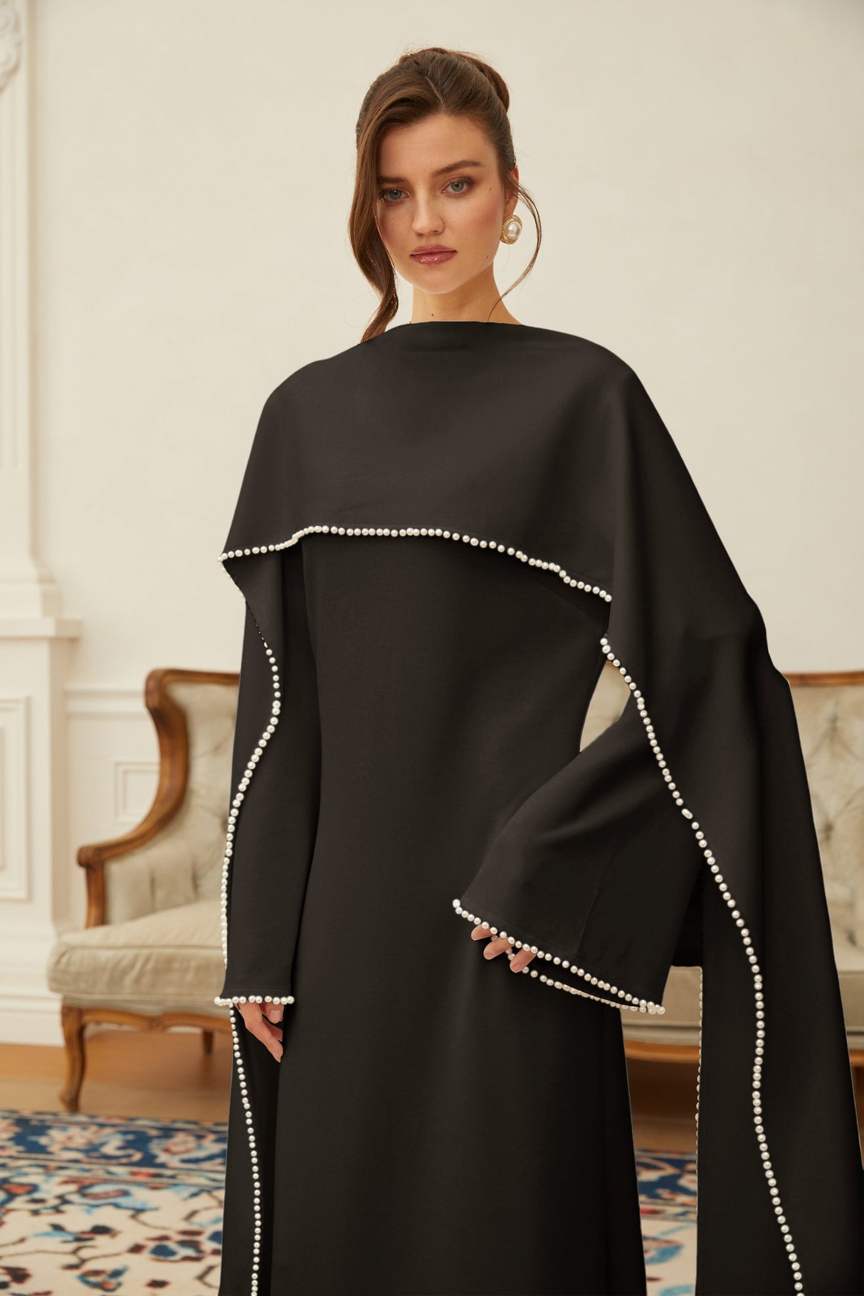 Aurohaya Piroska Black Pearl Trim Shawl Detail Maxi Dress
