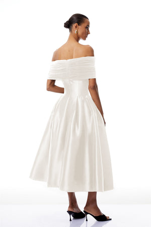 Aurohaya Ainara White Off Shoulder Polished Midi Dress