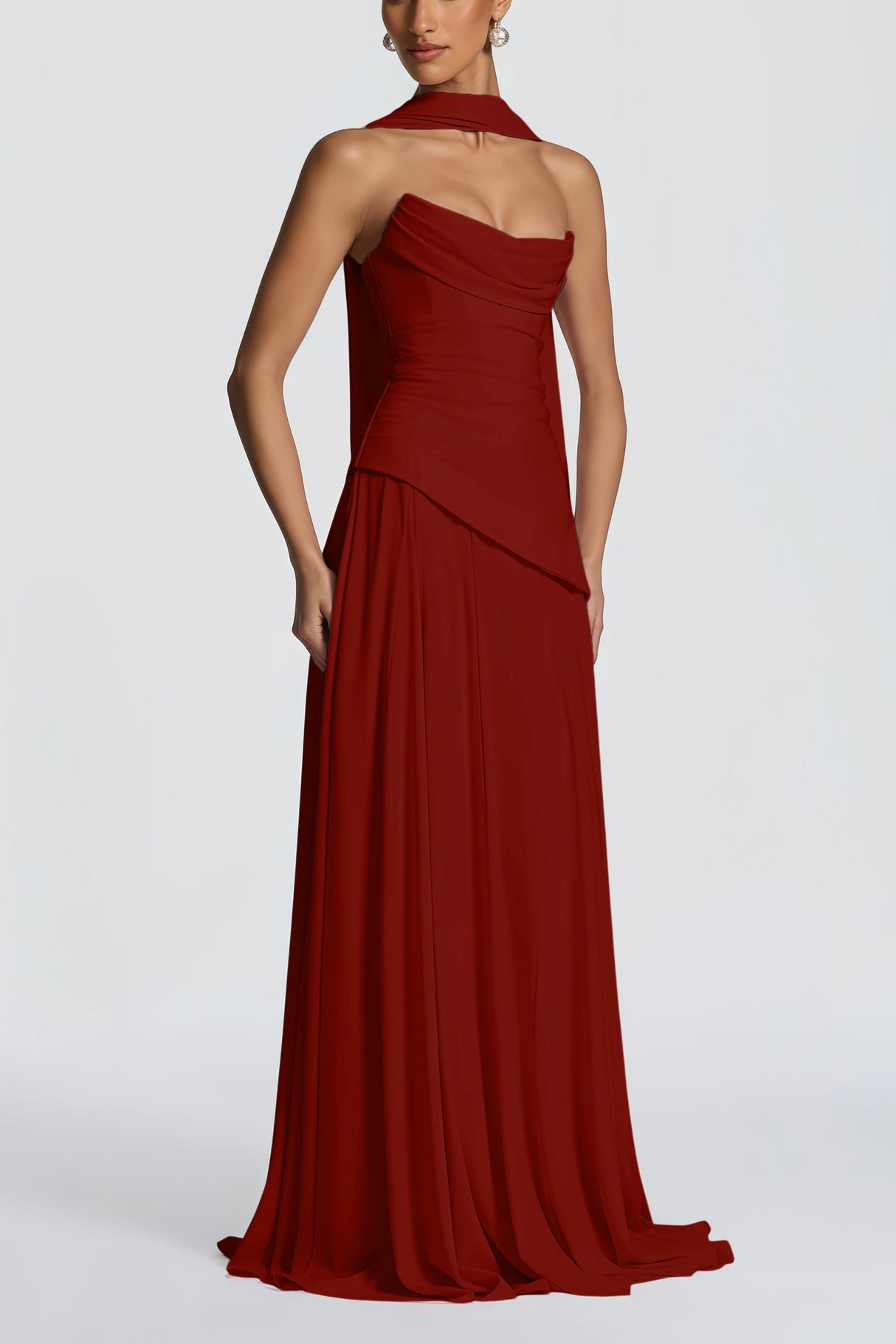 Aurohaya Romane Burgundy Strapless Corset Chiffon Maxi Dress