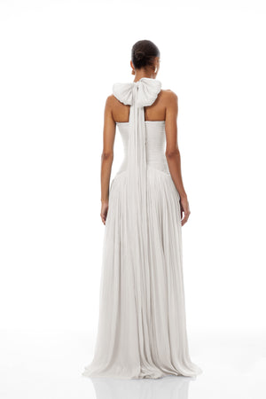 Aurohaya Térébenthine White Glossy Gathered Maxi Dress