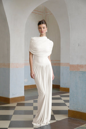 Aurohaya Catherine White Asymmetrical Pleated Maxi Dress