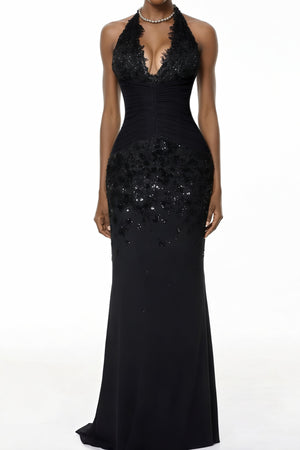 Aurohaya Siphokazi Black Halterneck Embellished Corset Maxi Gown